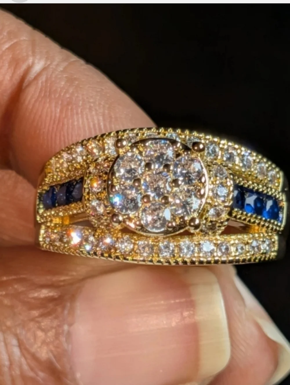 Classic Gold-Plated Blue Lab Created Sapphire Cluster Ring - Women Jewelry Sz 10